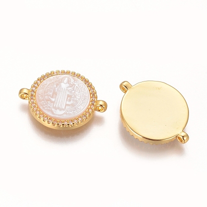 Brass Micro Pave Cubic Zirconia Links Connectors, with Shell and Jump Ring, Flat Round with Saint Benedict