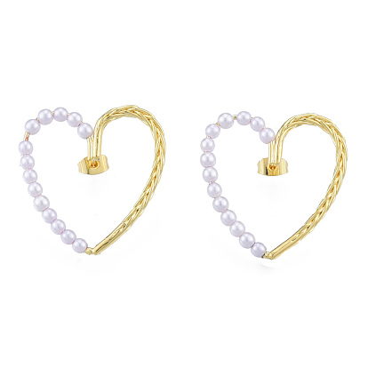 Латунная серьга-гвоздик в форме сердца для женщин, с жемчужными бусинами из абс-пластика, без никеля 