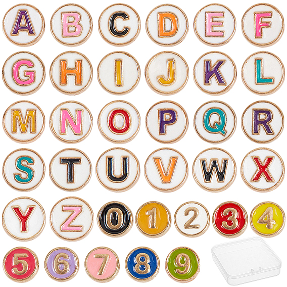 2Sets 2 Stile Legierung Emaille Perlen, Flachrund, Zahl 0~9 & Buchstabe a~z, cadmiumfrei und bleifrei, Licht Gold