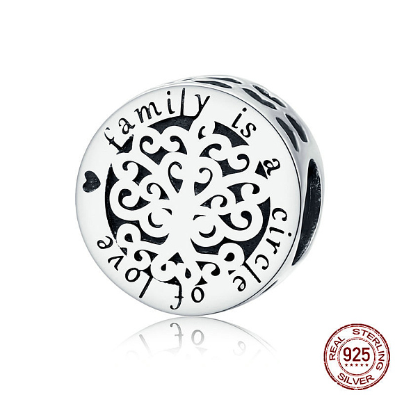 925 Sterling Silver Euorpean Beads, Flat Round with Word family is a circle of love