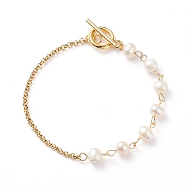 Bracelet à maillons en perles naturelles avec 304 chaînes rolo en acier inoxydable pour femme