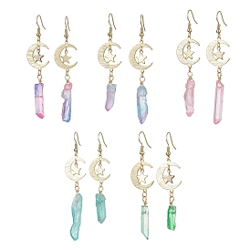 Boucles d'oreilles pendantes en laiton lune et étoile, Boucles d'oreilles longues en forme de pépite de cristal de quartz naturel teint