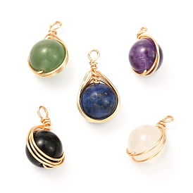 Natural & Synthetic Gemstone Pendants, Eco-Friendly Copper Wire, Real 18K Gold Plated, Round
