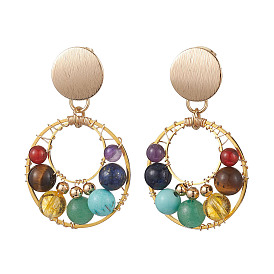 7 Chakra Round Gemstone Dangle Earrings, Brass Stud Earrings for Women, Real 18K Gold Plated