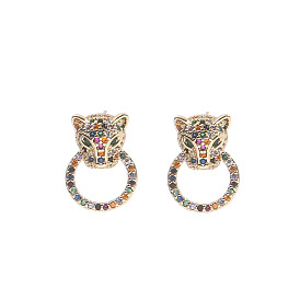 Colorful Cubic Zirconia Leopard with Door Ring Stud Earrings, Brass Jewelry for Women