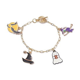 Witch & Ghost Alloy Enamel Charm Bracelets, Brass Paperclip Chain Bracelets for Women Men