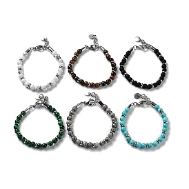 Bracelets de perles rondes avec pierres précieuses mélangées, avec 201 acier inoxydable fermoir pince de homard, pour femme
