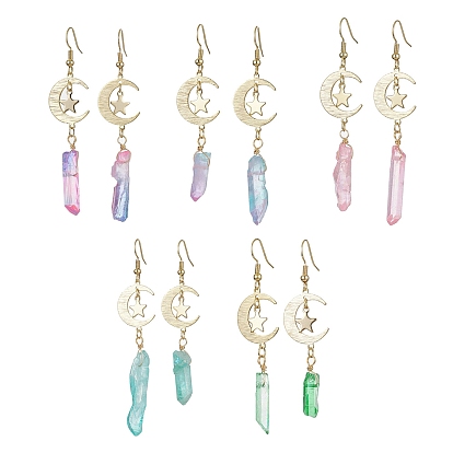 Moon & Star Brass Dangle Earrings, Dyed Natural Quartz Crystal Nugget Long Drop Earrings