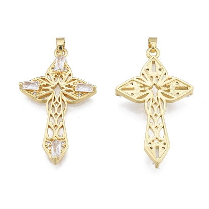 Brass Micro Pave Cubic Zirconia Pendants, Cadmium Free & Lead Free, Real 18K Gold Plated, Cross