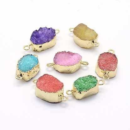 Natural & Electroplated Druzy Agate Links Connectors, with Brass Findings, Oval, Golden