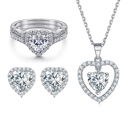 925 Sterling Silver Heart Jewelry Set for Women - Ring, Necklace & Earrings