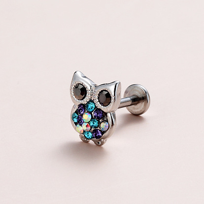 Латунные серьги-гвоздики с микропаве из разноцветных кубических цирконий в форме совы, с 316 l хирургическими штифтами из нержавеющей стали