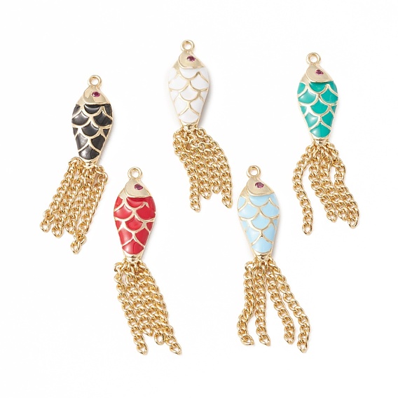 Eco-Friendly Rack Plating Brass Micro Pave Cubic Zirconia Pendants, with Enamel, Long-Lasting Plated, Lead Free & Cadmium Free, Real 18K Gold Plated, Fish