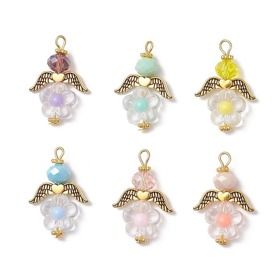 Акриловые бусины с подвесками из стеклянных бусин, цветок и ангел, с фурнитурой из сплава в тибетском стиле и железными штифтами с плоскими головками