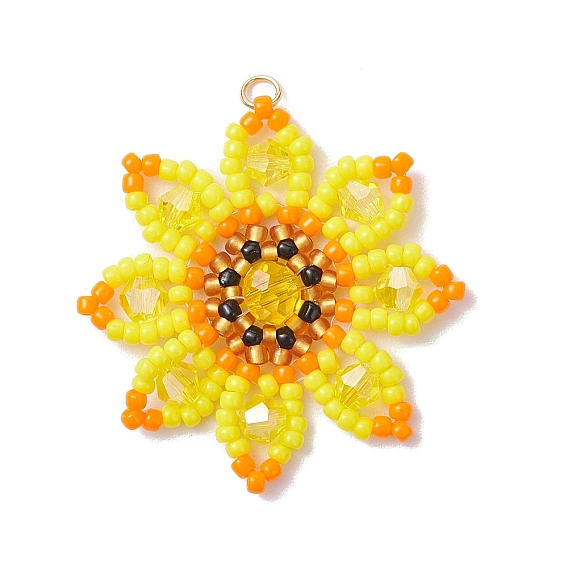 Подвески из стеклянных бусин в виде подсолнухов, с 304 кольцом из нержавеющей стали и акриловыми и стеклянными бусинами, реальный 18 k позолоченный