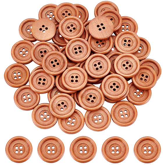 50Pcs Wood Buttons, 4-Hole, Flat Round