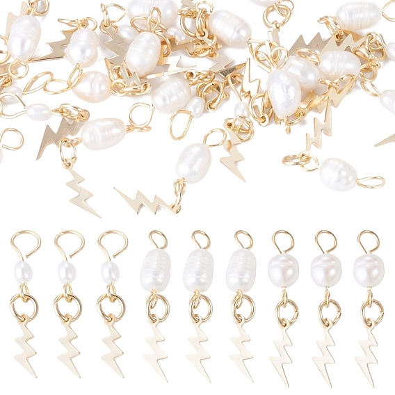 30Pcs 3 Styles Natural Cultured Freshwater Pearl & Brass Pendants, with 304 Stainless Steel Findings