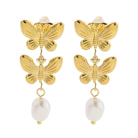 304 Stainless Steel ABS Pearl Earrings, Butterfly Tassels