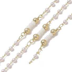 Rack Plating Brass Beaded Link Chains, with Plastic Pearl Beaded, Unwelded, with Card Paper
