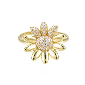 Cubic Zirconia Flower Open Cuff Ring, Real 18K Gold Plated Brass Chunky Ring for Women, Nickel Free