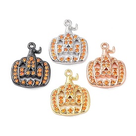 Rack Plating Brass Cubic Zirconia Pendants, Lead Free & Cadmium Free, Long-Lasting, Pumpkin Charm