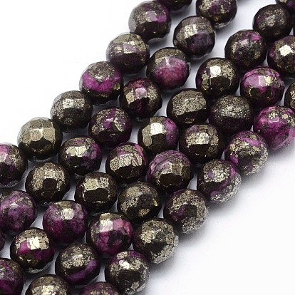 Dyed Natural Pyrite Beads Strands, Faceted, Round