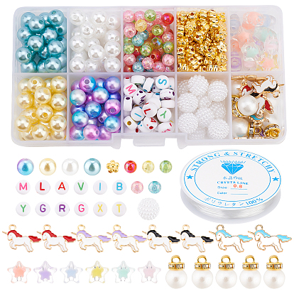 DIY Unicorn Charm Kid Bracelet Making Kits, Including Imitation Pearl & Crackle & Letter Acrylic & Plastic Beads, Alloy Enamel Pendants
