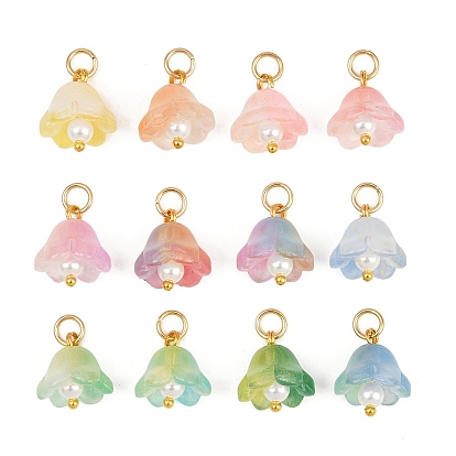 12 шт. 12 цвета прозрачный стеклянный брелок, цветочный шарм, с латунной петлей и блестящей пудрой, два тона