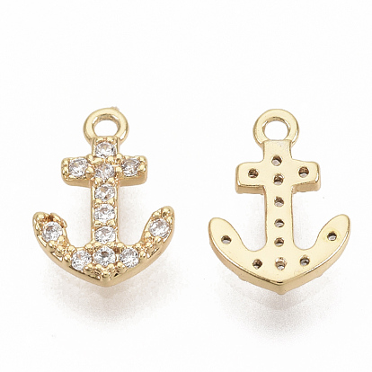 Brass Micro Pave Cubic Zirconia Charms, Nickel Free, Real 18K Gold Plated, Anchor
