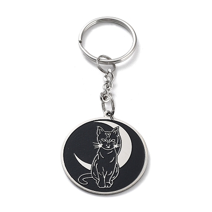 304 Stainless Steel Pendant Keychain, with Enamel, Flat Round with Cat