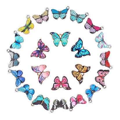 44Pcs 22 Colors Printed Alloy Pendants, with Enamel, Butterfly, Light Gold