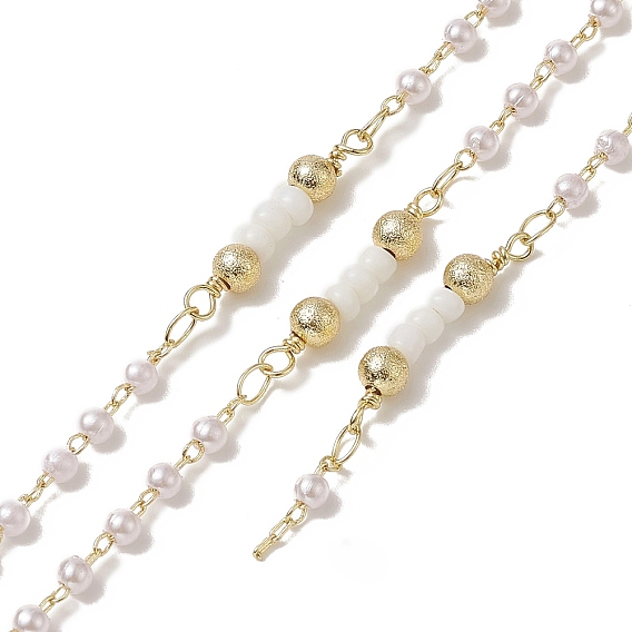 Rack Plating Brass Beaded Link Chains, with Plastic Pearl Beaded, Unwelded, with Card Paper