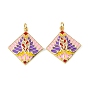 Brass Micro Pave Clear Cubic Zirconia Pendants, with Enamel, Rhombus with Leaf Flower, Colorful