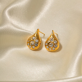 18k Gold Plated Stainless Steel Geometric Earrings with Zirconia Stones - Fashionable and Versatile Women's Ear Accessories