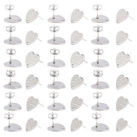 36Pcs 6 Style 304 Stainless Steel Stud Earring Findings, with Ear Nuts/Earring Backs and Hole, Heart Shape with Textured