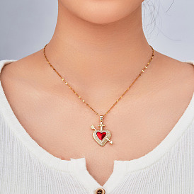 Elegant Romantic Brass Pave Clear Cubic Zirconia Cupid Heart with Arrow Pendant Necklaces for Women, with FireBrick Enamel