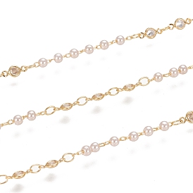 Handmade Brass Link Chains, with Glass Links, Cubic Zirconia Link and Spool, Soldered, Long-Lasting Plated
