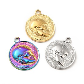 201 Stainless Steel Pendants, Flat Round with Skull