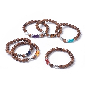 Dyed Wood Round Beads Stretch Bracelets, with Gemstone/Resin Beads, Tibetan Style Antique Silver Plated Alloy Elephant Beads & Spacer Beads