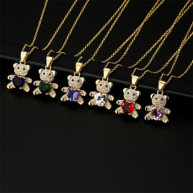 Adorable Bear Pendant Necklace with Copper and Micro-Inlaid Zirconia Stones in Gold for Women