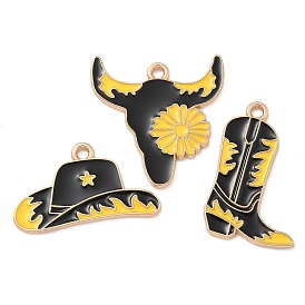 Western Cowboy Theme Alloy Enamel Pendants, Light Gold, Cadmium Free & Lead Free, Boot & Cattle & Hat Charm