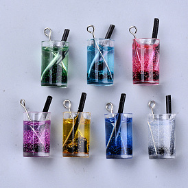 Imitation Juice Draft Beer Resin Pendants, with Glitter Powder inside, Platinum Tone Iron Eye Pins