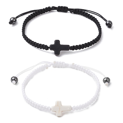 2шт. синтетические бирюзовые и гематитовые плетеные браслеты для пары, крестик