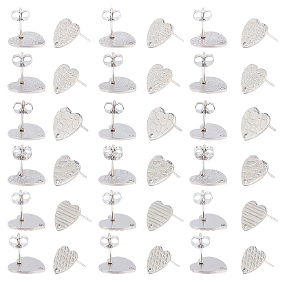 36Pcs 6 Style 304 Stainless Steel Stud Earring Findings, with Ear Nuts/Earring Backs and Hole, Heart Shape with Textured
