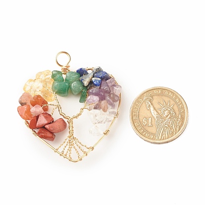Natural Gmestone Copper Wire Big Pendants, Natural Amethyst & Green Aventurine & Citrine & Lapis Lazuli & Red Jasper & Red Aventurine & Quartz Crystal, Mixed Dyed and Undyed, Heart with Tree