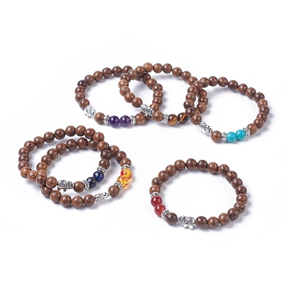 Dyed Wood Round Beads Stretch Bracelets, with Gemstone/Resin Beads, Tibetan Style Antique Silver Plated Alloy Elephant Beads & Spacer Beads