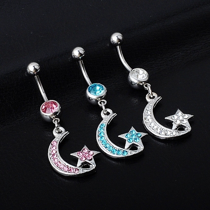 Rhinestone Moon & Star Dangle Belly Ring, Alloy Navel Ring with 316L Surgical Stainless Steel Bar for Women Piercing Jewelry