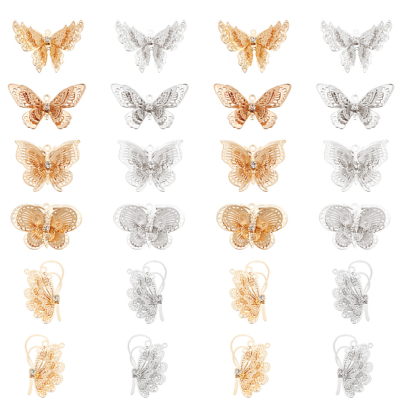 Brass Pendants, with Crystal Rhinestone, Butterfly