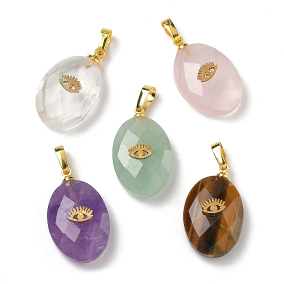 Природные каменные подвески, овальные граненые подвески золотистого оттенка 304 с петлями из нержавеющей стали и латунными застежками-кнопками