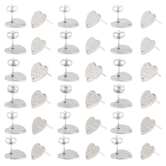 36Pcs 6 Style 304 Stainless Steel Stud Earring Findings, with Ear Nuts/Earring Backs and Hole, Heart Shape with Textured